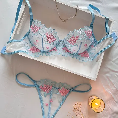 Women's Fitted 2-Piece Pretty Style Vibrant Floral Lace Underwear Set - Sheer Polyester Blend, 3/4 Coverage Bra, Thong, Hollow Cutout, Lightweight, Girly Aesthetic, for Fantasy Wear,Wedding, S Size, Dry Clean Prohibited