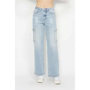Judy Blue Women's High Waist Straight Cargo Trouser Jeans - Fits Well, Cotton-Spandex Blend, Simple Design, Pocket Details, Below-Ankle Length, Everyday Wear