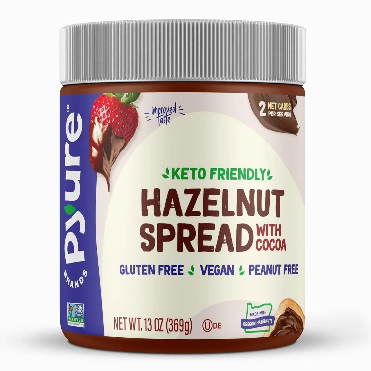 Pyure Keto Hazelnut Chocolate Spread | Sugar-Free, Low Carb, Vegan Nutella Alternative | 2g Net Carbs, Gluten-Free, Peanut-Free, Plant-Based, Non-GMO, Keto Snack, Vegan Sweets | 13 oz Jar