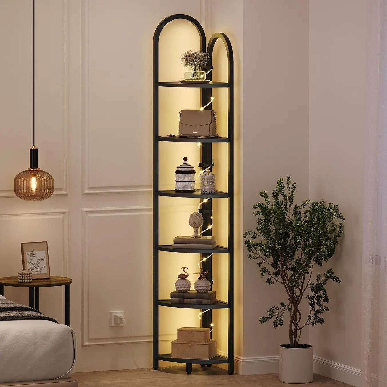 MAHANCRIS 6 Tier Corner Shelf with LED Light, 74.6'' Tall Corner Bookshelf Stand, Narrow Display Bookcase with Storage Rack for Wall Corner, Living Room, Bedroom, Small Spaces, Black #SummerVibes#DealsforYouDays #SummerGarden