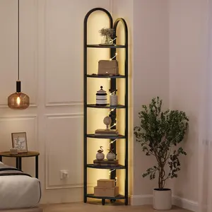 MAHANCRIS 6 Tier Corner Shelf with LED Light, 74.6'' Tall Corner Bookshelf Stand, Narrow Display Bookcase with Storage Rack for Wall Corner, Living Room, Bedroom, Small Spaces, Black #SummerVibes