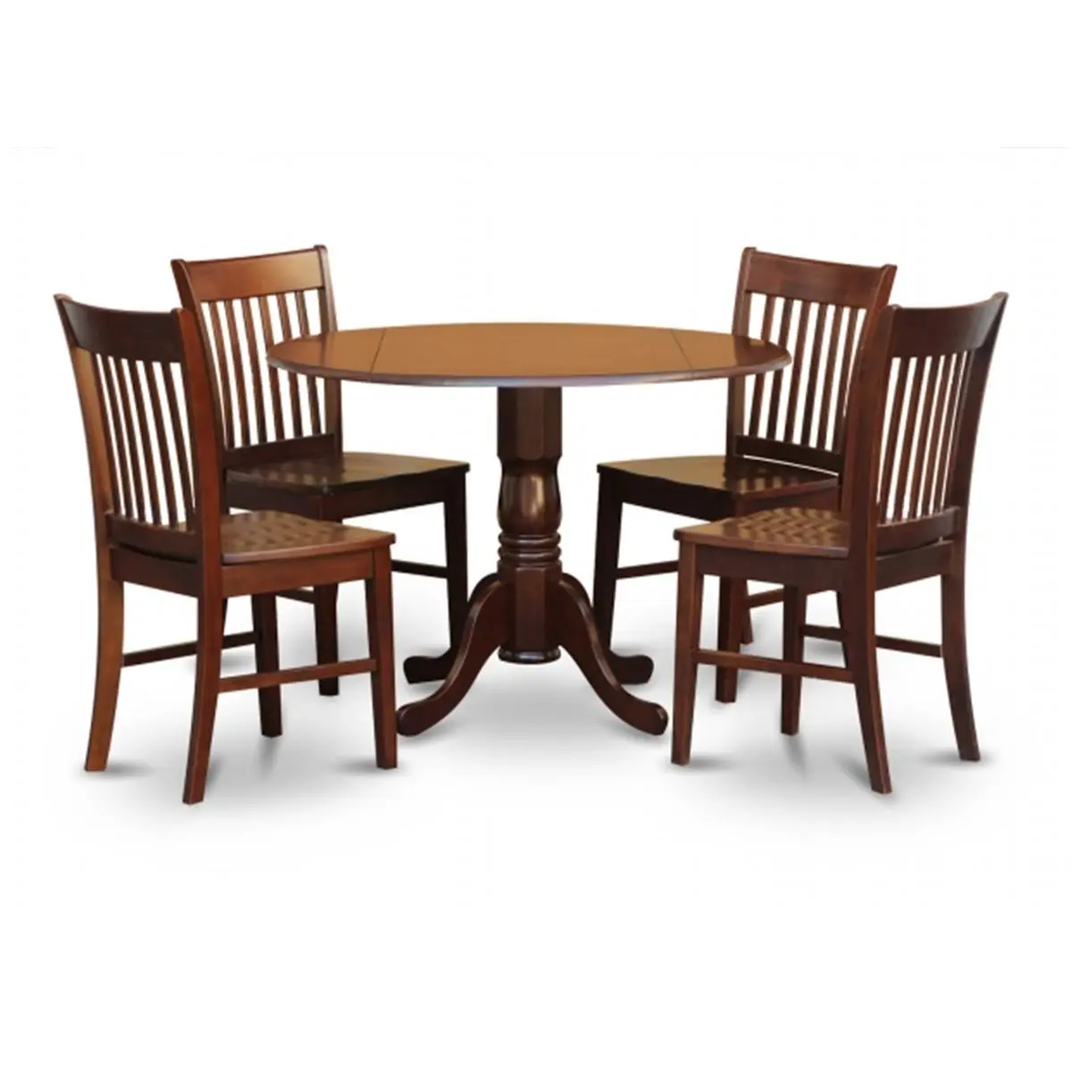 East West Furniture 5PC Solid Wood Kitchen Dining Set - Mahogany Finish Round Shape Table with 2 Drop Leaves, 4 Slatted Back Chairs with Wood Seats (5 Pieces Set), 17.50 W X 17.50 D X 38.50H, 42W X 42L X 29H