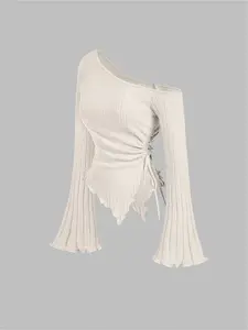 Classic irregular side shoulders hot drawstring elegant long-sleeved women's T-shirt Asymmetrical Top