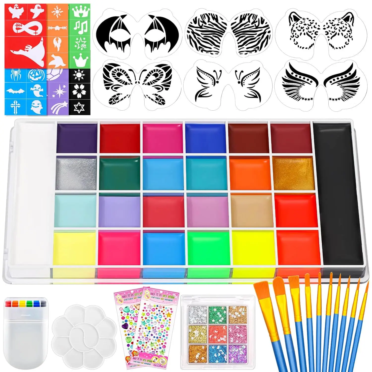 26-color professional face body paint set with palette, stencils, stickers, brushes, sequins and gems. Body Makeup, Vibrant rainbow shades, Neon Face Paint, perfect for Halloween, sports, parties and cosplay, suitable for kids and adults.