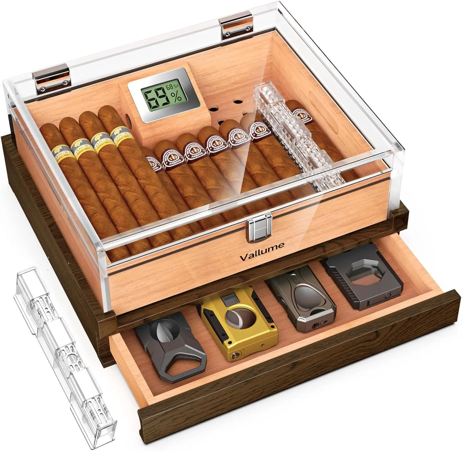 VALLUME Premium Acrylic Collection Storage Box with Spanish Cedar Lining, Desktop Display Vault with Wooden Drawer Base, Features Humidity Control System, Cedar Tray, Ideal Gift for Men (Small size)