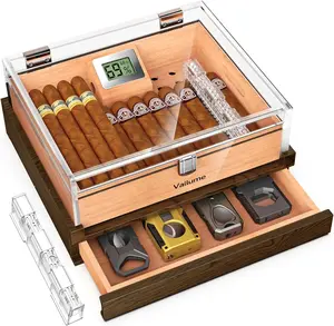 VALLUME Premium Acrylic Collection Storage Box with Spanish Cedar Lining, Desktop Display Vault with Wooden Drawer Base, Features Humidity Control System, Cedar Tray, Ideal Gift for Men (Small size)