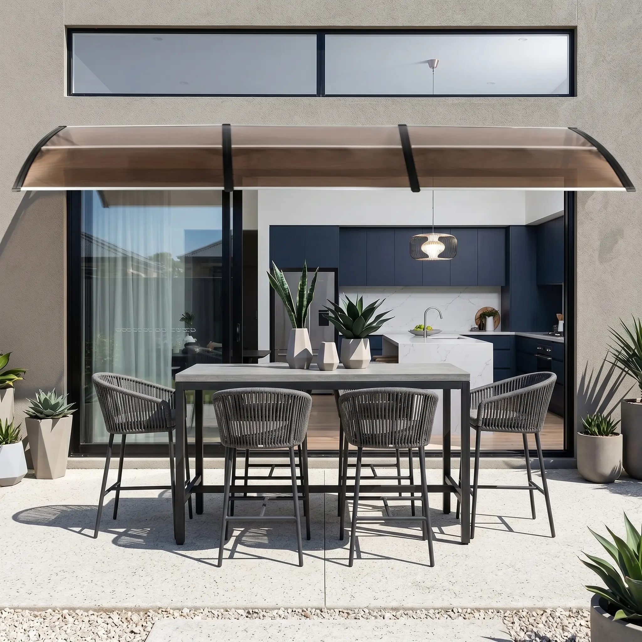 [Summers] Pinehome Window & Door Shade Canopy, 120x38in Polycarbonate Hollow Sheet All Weather Canopy, Lightweight UV/Rain/Snow Protection, Brown Board & White Bracket Outdoor Patio Cover
