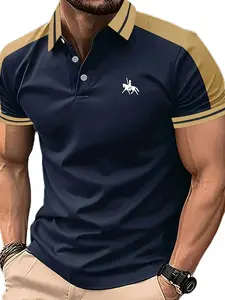 Men's Fitted 2-Tone Splicing Geometric Polo Shirt - Menswear, Shortsleeve, Rider Logo, Fashionable Casual, Tropical Navy, Lightweight Foldable, Multi-Function Top