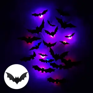3D Bat Design LED Decoration, 24pcs/set Bat Shaped Wall Sticker, Decorative Light for Home Party Festival, Halloween Decoration