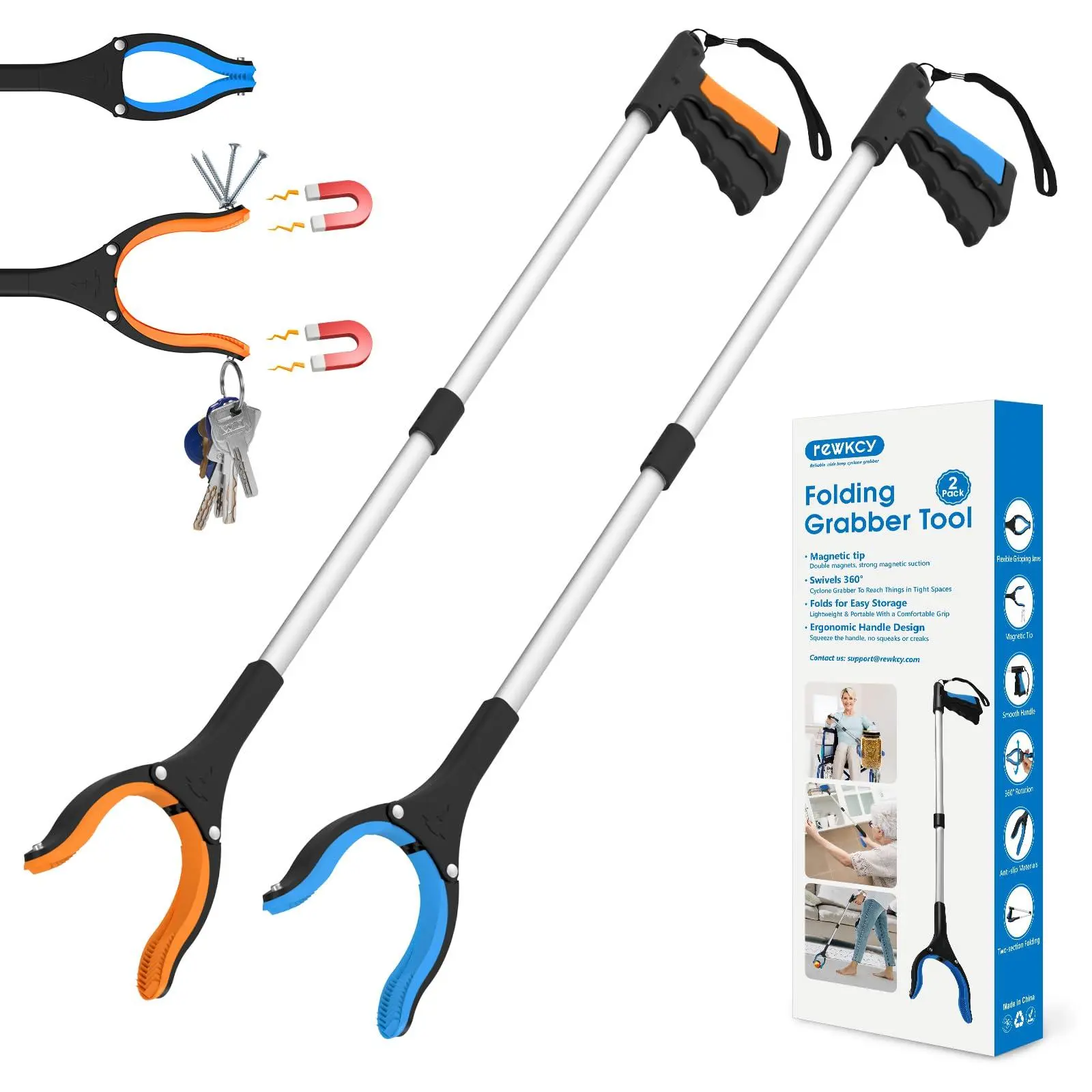 34 Inch Grabber Reacher Tool, 2 Pack Foldable Pickup Tool with 360° Rotating Silicone Jaw and Magnetic Tip for Seniors, Home, Shelves, Floor and Litter Pickup
