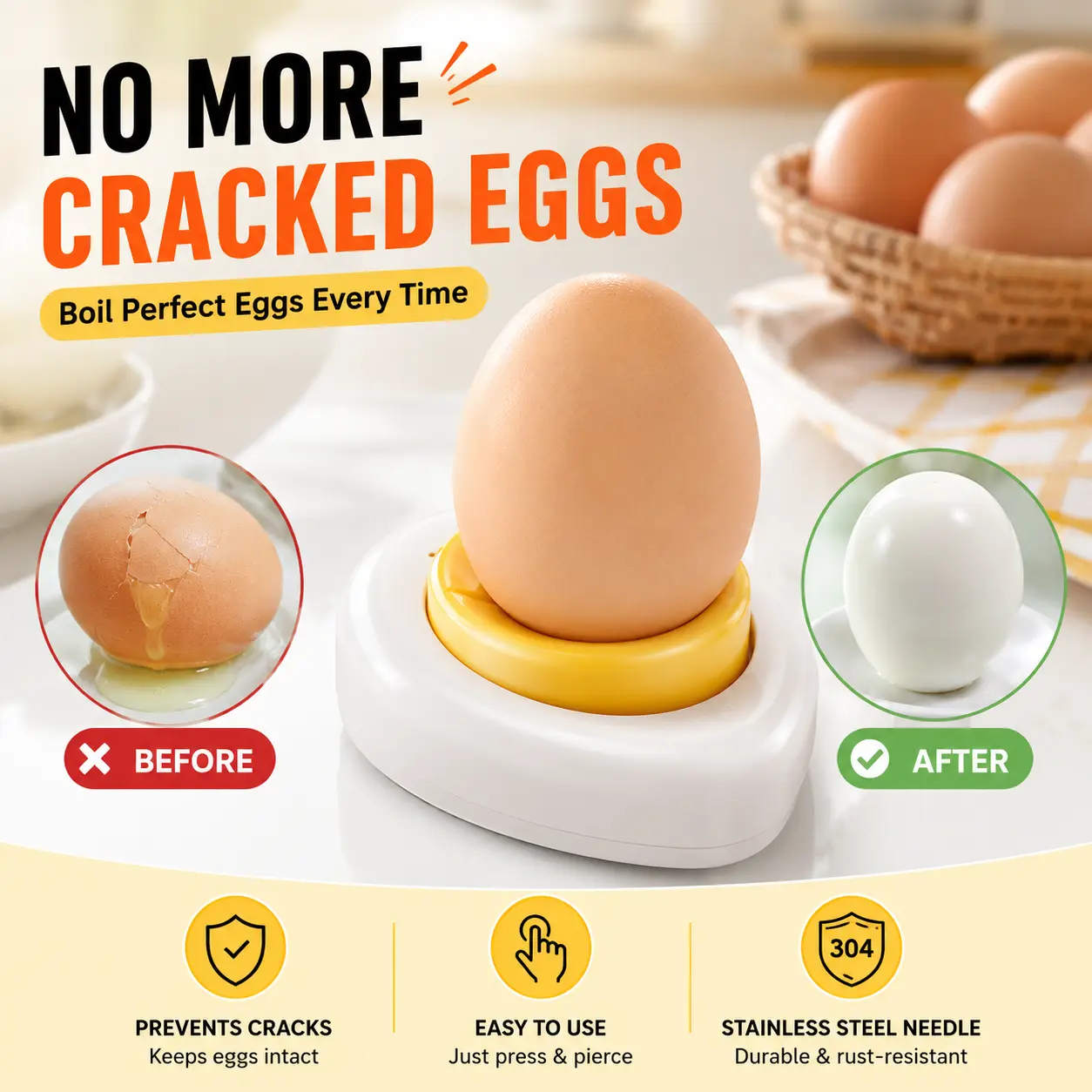2PCS Egg Piercer with Stainless Steel Needle, One-Press Egg Pricker for Boiling Eggs, Helps Prevent Shell Cracks