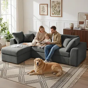 Cloud Sectional Sofa with Ottoman, Modular Deep Seat Couch for Living Room, Available in 2/4/7-Seater, Beige & Dark Gray