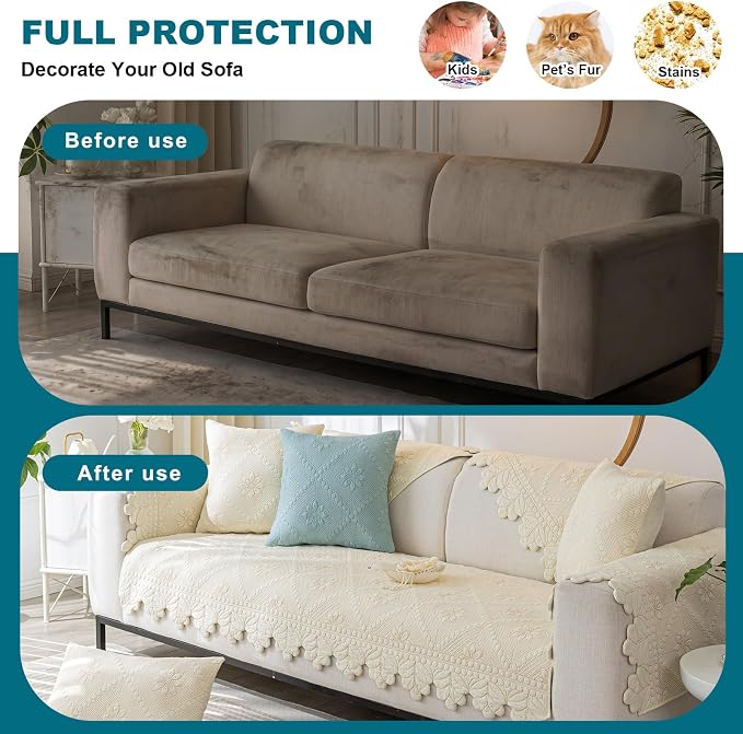 Cotton Quilted Dog Couch Cover for Sofa Farmhouse Rustic Embroidery Sectional Couch Cover Soft Anti-Slip Sofa Slipcover Furniture Protector for Kids, Pets 27.6"D x 70.9"W x 1"H)