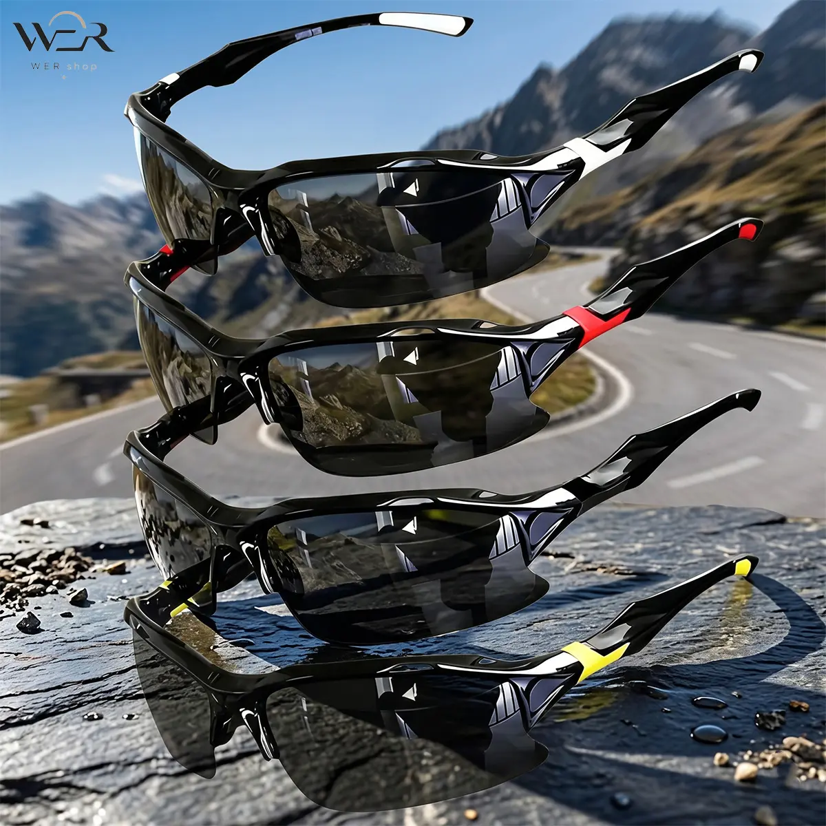 4PCS/1set Fashion Sport Sunglasses Men Women | Wrap Around Trendy Sunglasses | Black Driving Cycling Sunglasses with Color Accents | Stylish Performance Sunglasses Mens | UV Protection Shades for Running Hiking Outdoor