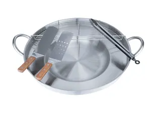 ARC Stainless Steel 23" Heavy Duty Concave Comal for Tacos - Includes Oil Filter Rack, Food Clip & BBQ Spatulas - Ideal for Frying & Street Food Cooking (Juego de Plancha de Acero Inoxidable  23" con Accesorios para Patio, Camping y Comida Callejera)
