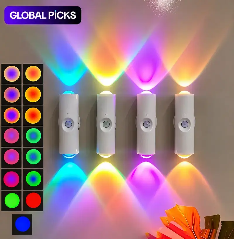 4-Pack Modern Motion Sensor LED Night Lights - Smart Rechargeable RGB Gradient Ambient Wall Lamps, Dimmable Magnetic Stick-On, USB-Charging, Long Battery Life, Aesthetic Room Decor for Indoor Recreation