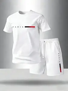 Men's Plus Size Summer Short Sleeve T-Shirt Shorts Set, Activewear Shorts Sets, Athleisure Activewear Set, Casual Letter Print, Pocket Drawstring Waistband, Ideal for Running Golf Camping, Tracksuit Set