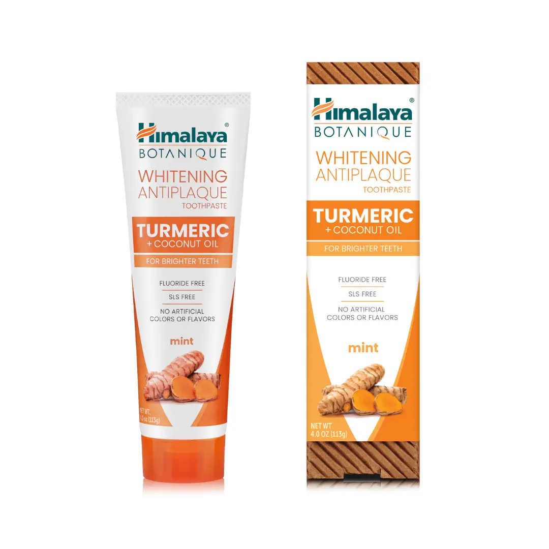 Himalaya Botanique Whitening Antiplaque Turmeric & Coconut Oil Mint Toothpaste for Whiter Teeth- Fluoride Free, Vegan, SLS Free, 4 oz