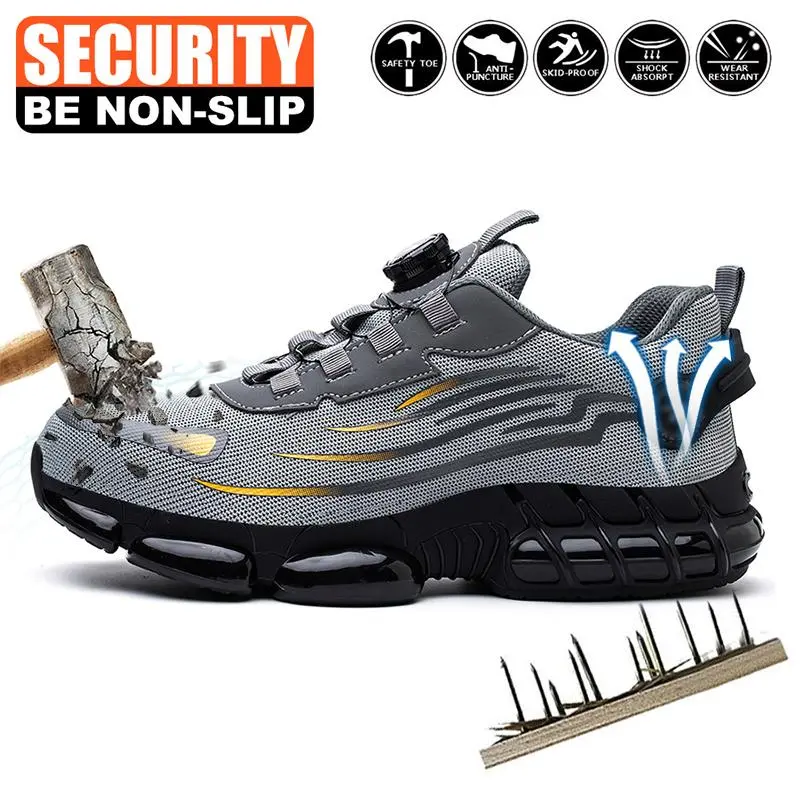 Men's Safety Shoes, Grey Cloth Mesh Work Boots with a Breathable Steel Toe and No-Tie Swivel Laces, Puncture-Proof Footwear for Outdoors Construction, Includes Free Gift, Fabric, Round Toe