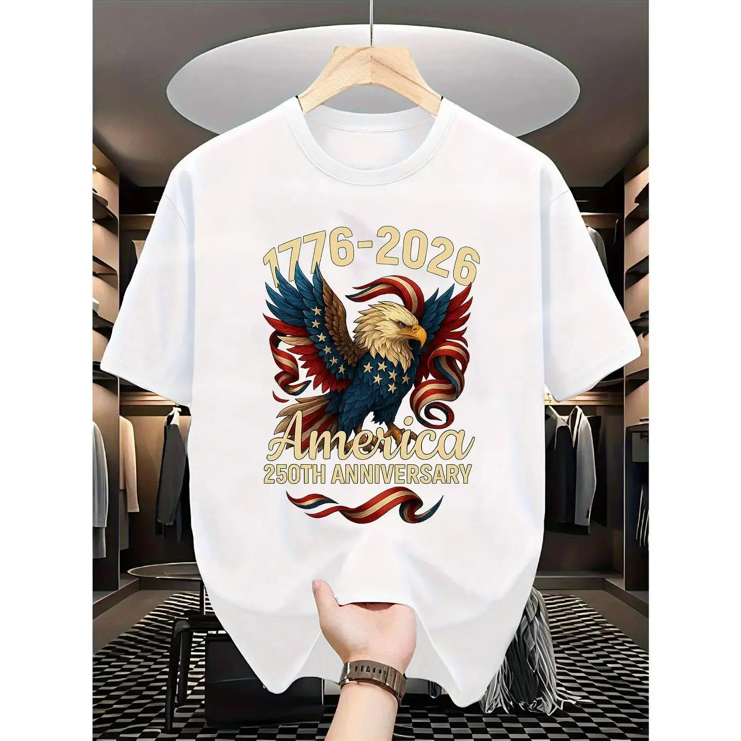 Women's 250th Anniversary Independence Day Casual T-Shirt - 1776-2026, Patriotic Eagle & American Flag Design, Round Neck, Shortsleeve Top, Ideal Gift for American Pride Occasions