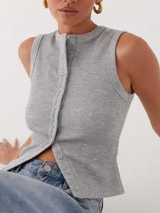 Women's Plain Button Front Ribbed Tank Top, Casual Sleeveless Round Neck Top for Daily Wear, Ladies Clothes for All Seasons