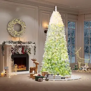 7.5ft Snow Flocked Pencil Christmas Tree, with Sturdy Metal Stand, Skinny Xmas Tree Holiday Decoration for Home, Office, Green Gradient