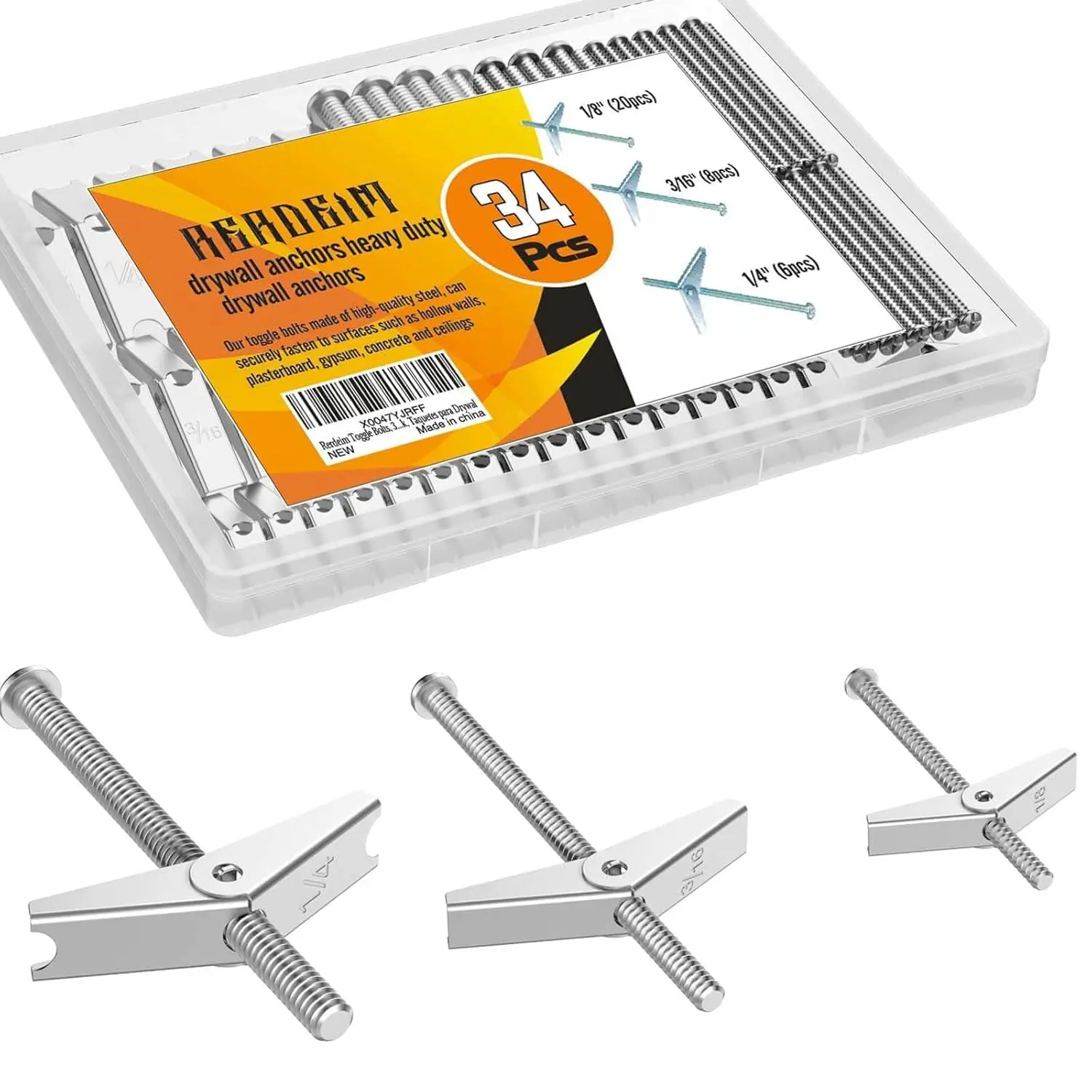 [Pack of 34 Sets] Galvanized Steel Heavy-Duty Toggle Bolts & Wall Anchors - 1/4" (6 Pcs), 3/16", 1/8" Rust-Resistant Butterfly Bolts with Screws, Easy to Install for Hollow Walls, Drywall