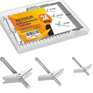 [Pack of 34 Sets] Toggle Bolts, Wall Anchor, 1/4" 3/16" 1/8" Butterfly Drywall Anchors, Heavy Duty Metal Screws for Hollow Wall Ceiling Sheetrock, Taquetes para Drywall