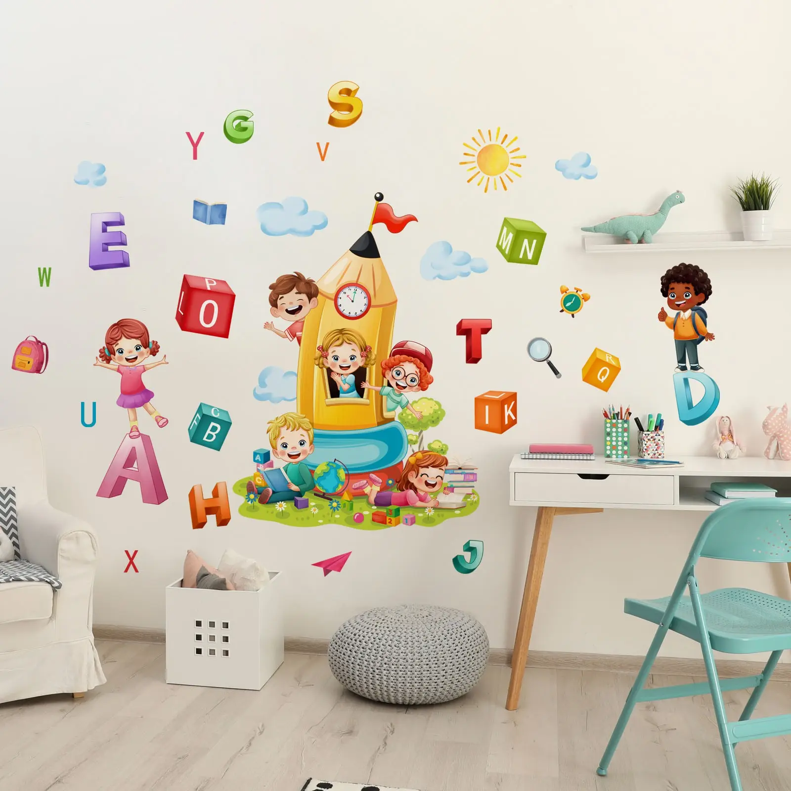 A set (30*90cm*2pcs) cartoon alphabet early education wall stickers for kids, suitable for nurseries, living rooms, hallways, corridors and children's rooms, home decoration and beautification stickers, Decoration Items