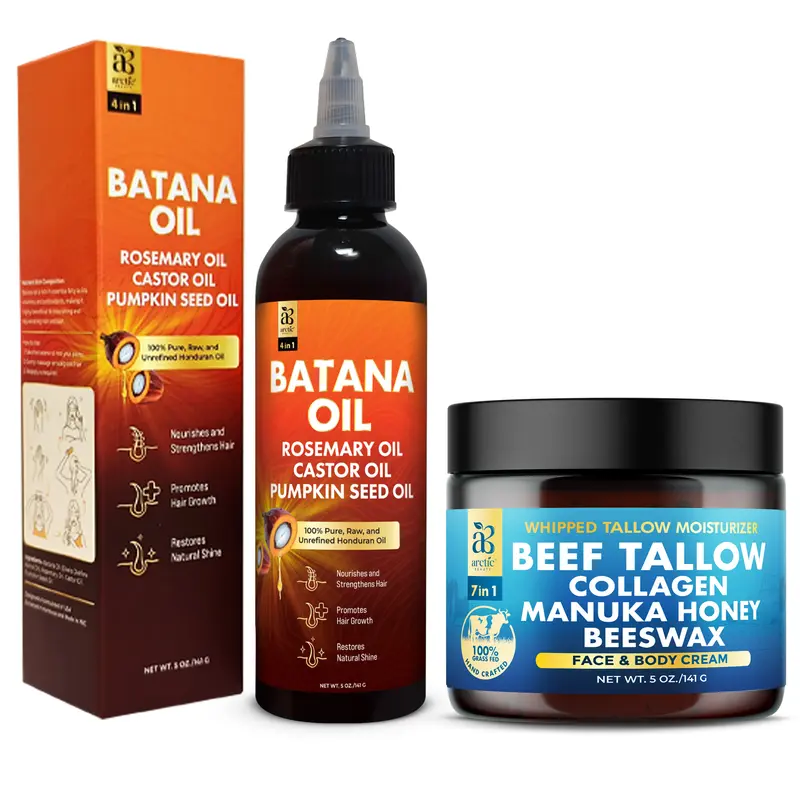 Routine Recovery Kit - Arctic Beauty Liquid Batana Oil & Beef Tallow Moisturizer Cream Set - Skincare & Haircare Combo - For Scalp, Hair, Face, & Body Health Support - (5 oz.)