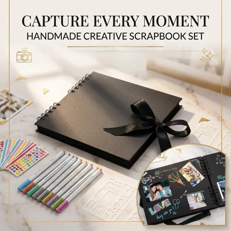 This DIY scrapbook and photo album set, Personalized Album, Scrapbooking, features a spiral-bound hard cover photo diary, complete with a pen and stickers, perfect for couples, travel, and birthday memories.