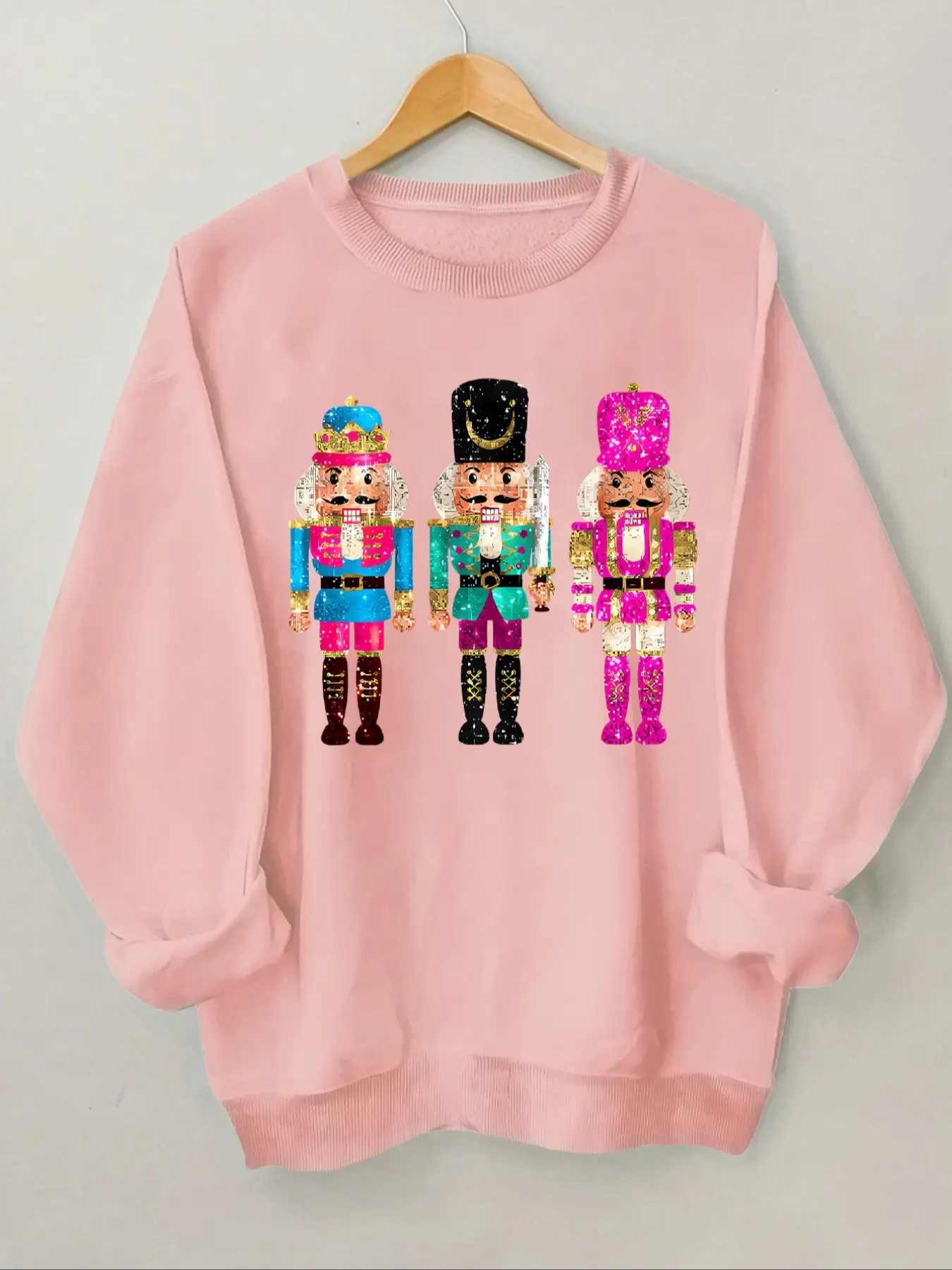 Autumn Winter Fashion Round Neck Christmas Theme Sequins Nutcracker Soldier Fun Sweatshirt, Casual Style, Moderate Fabric Thickness
