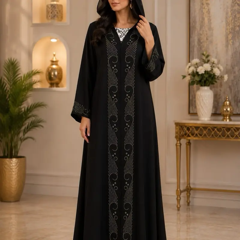 #57 Dubai Luxury Butterfly Abaya, Modest Fashion, V-Neck, Long Bell Sleeves, Beading Detailing, Built-In Belt, Matching Hijab