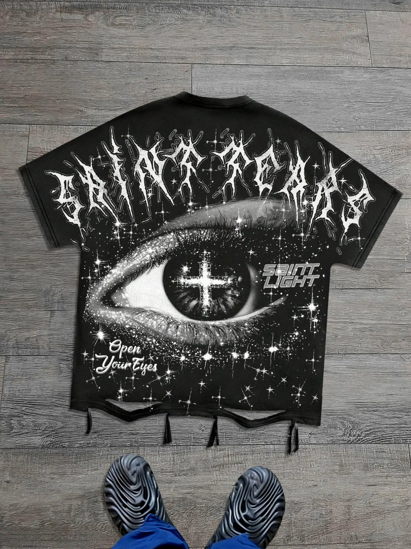 Y2K style Classic perforated Oversized loose short sleeved Round Neck Unisex T-shirt with eye print for both men and women, Streetwear, European and American street fashion retro vintage summer new black casual shirt