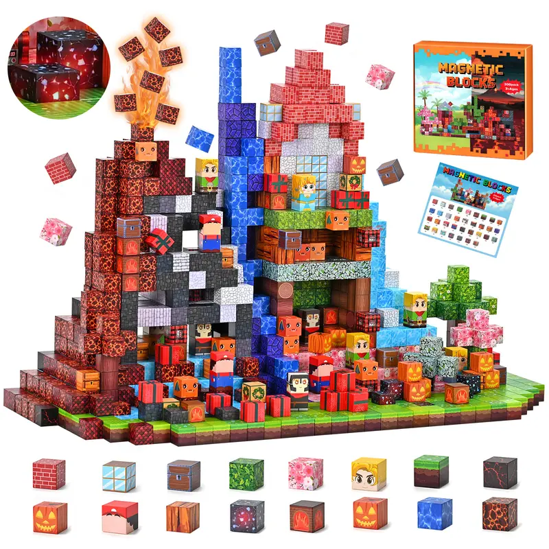 200 PCS Light-Up Magnetic Building Blocks Kit with Figures, Open-Ended Play World Scenes Set, Spatial Awareness Booster for Kids 3-10 Years, Travel Stacking Toy, Easter & Birthday Gift