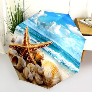 1 PC Automatic Folding Umbrella - Beach Starfish Shells Ocean Waves Pattern, Portable & Foldable Design with 8 Ribs, Merry Christmas Pattern,Casual Outdoor Accessory Halloween and Christmas Birthday Gifts. G00125