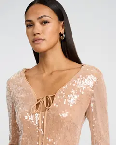 Express Sequin Long Sleeve Tie Front Top
