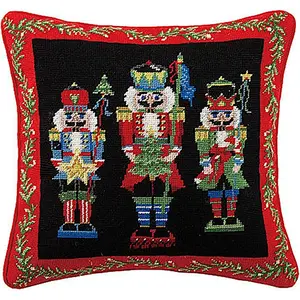 212 MAIN 16x16 in Wood-Accented Wool-Cotton Square Christmas Pillow - Peking Handicraft Nutcracker Trio Needlepoint Home Festive Decor