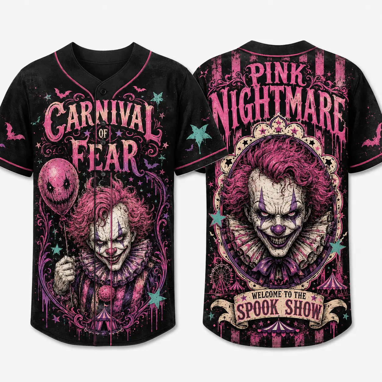 Carnival of Fear Full-Button Baseball Jersey, Pink Nightmare Clown Graphic Shirt, Gothic Circus Halloween Party Outfit for Adults