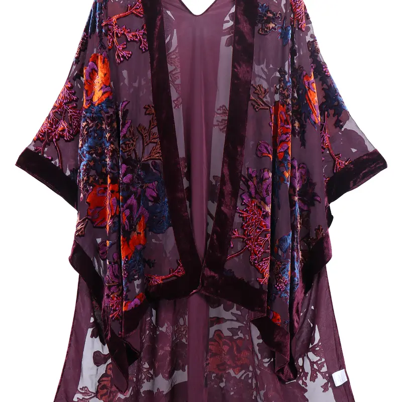 WeHello-Burnout Velvet Kimono for Women Jypf-6 Long Cardigan Beach Cover Up Vacation Casual Shawl Swimwear Coverups Clothes Outfit Womenswear Chic Party Piece,sohochic
