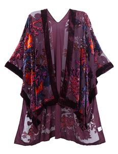 WeHello-Burnout Velvet Kimono for Women Jypf-6 Long Cardigan Beach Cover Up Vacation Casual Shawl Swimwear Coverups Clothes Outfit Womenswear Chic Party Piece