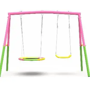 Blush Pink Heavy Duty Metal Swing Set with Stand for Backyard, 440lbs Capacity Kids Outdoor Play Equipment, 32" Saucer Seat & 26.2" Belt Seat, Playground Play Set