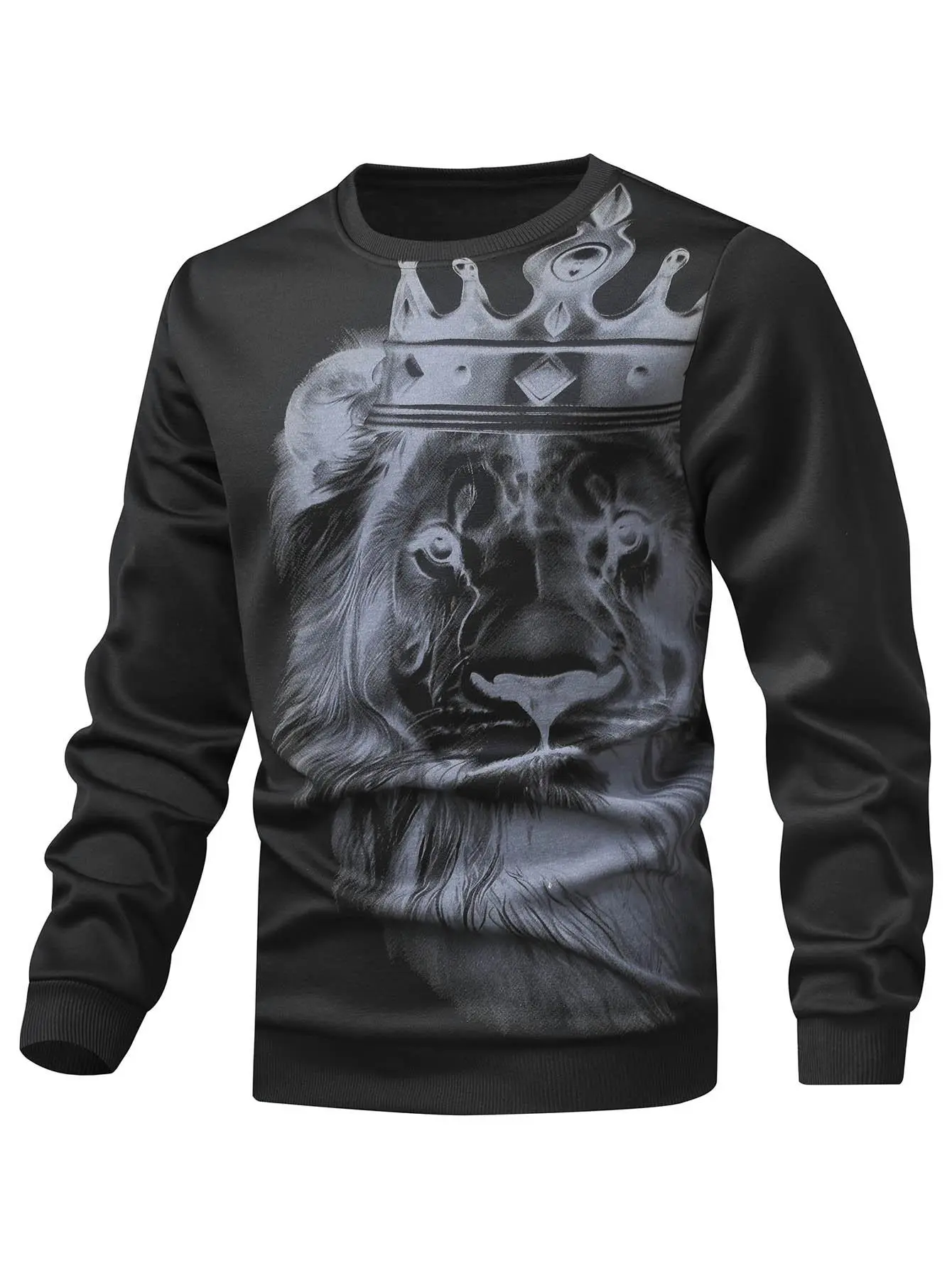Men's Suitable Spring Crown Lion Print Pattern Pullover Crew Neck Sweatshirt Base Shirt, Stylish and Comfortable, For Outings and Parties, Men's Gift Long Sleeve, Clothes, Tops, Menswear round neck long sleeve