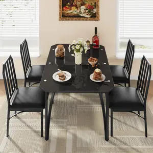 Garvee Dining Table Sets for Home and Apartment: Includes 4-Piece Upholstered Cushion Chairs with Glass Dark Finish and Space-Saving 2-Piece Set with Angled Corners, Soft PU Cushions, Glass Tops, Easy Assembly