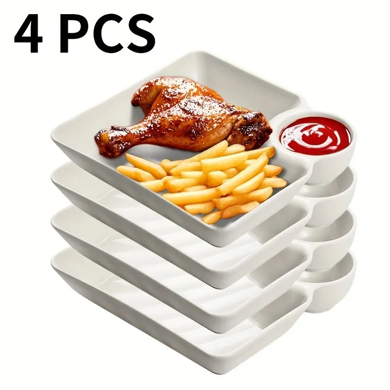7.3x 6.6 Separated Snack Tray Set, Food Trays, Trays for Eating, Plastic Divided Dumpling Plate/sushi Plate/fries Dip Plate with Sauce Area, Microwave Safe, Dishwasher Safe, Plastic Plates Set