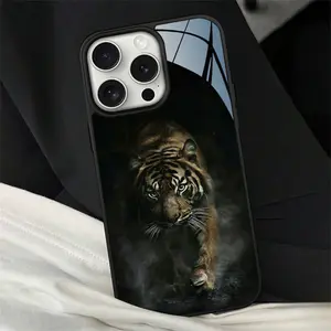 2-In-1 Glass Surface Acrylic Hard Shell Tiger Tpu Full Protection Case Cover, Compatible with iPhone 6-16 Pro Max, Ideal Gift for Couples and Teens