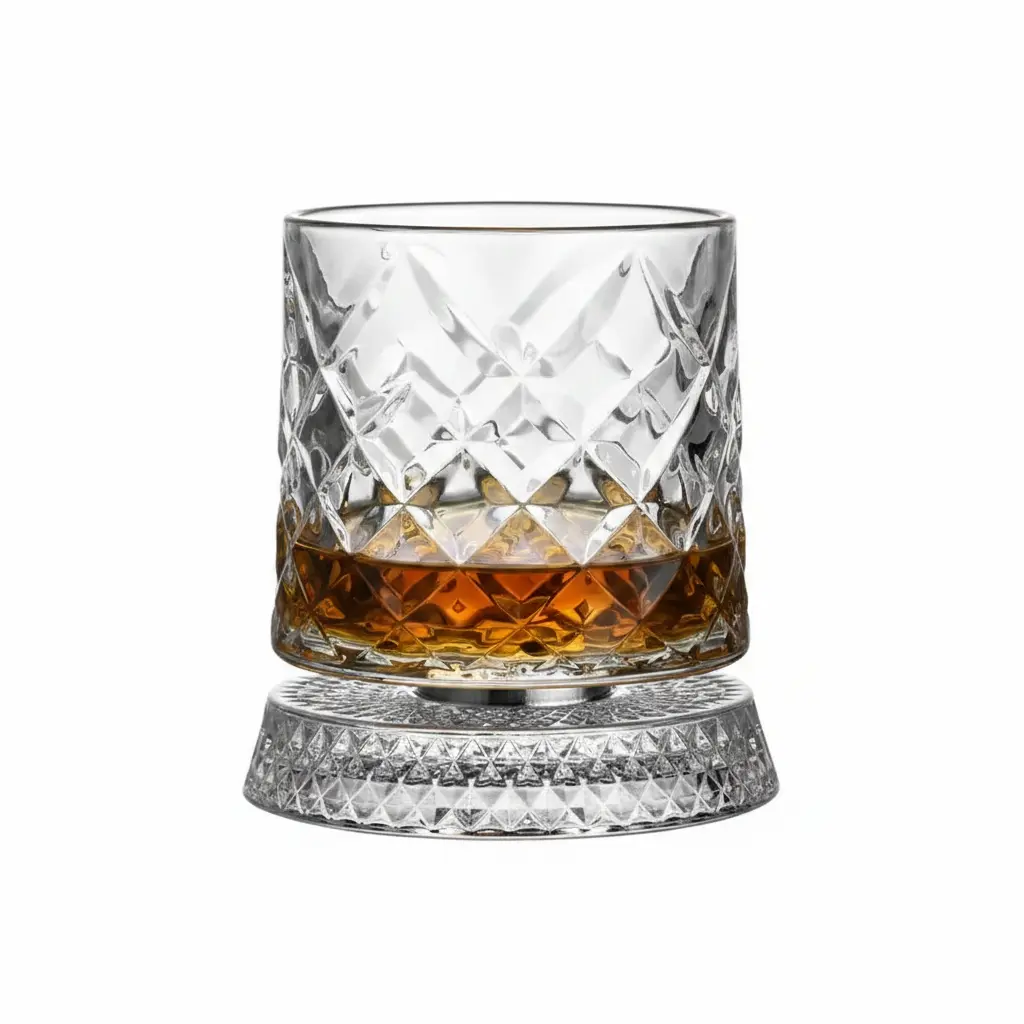 Stylish 275ml Vintage Rhombus Crystal Whiskey Glass, 360° Rotatable Base Heavy Stress Relief Tumbler for Office Desk, Bar