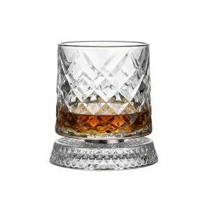 Stylish 275ml Vintage Rhombus Crystal Whiskey Glass, 360° Rotatable Base Heavy Stress Relief Tumbler for Office Desk, Bar