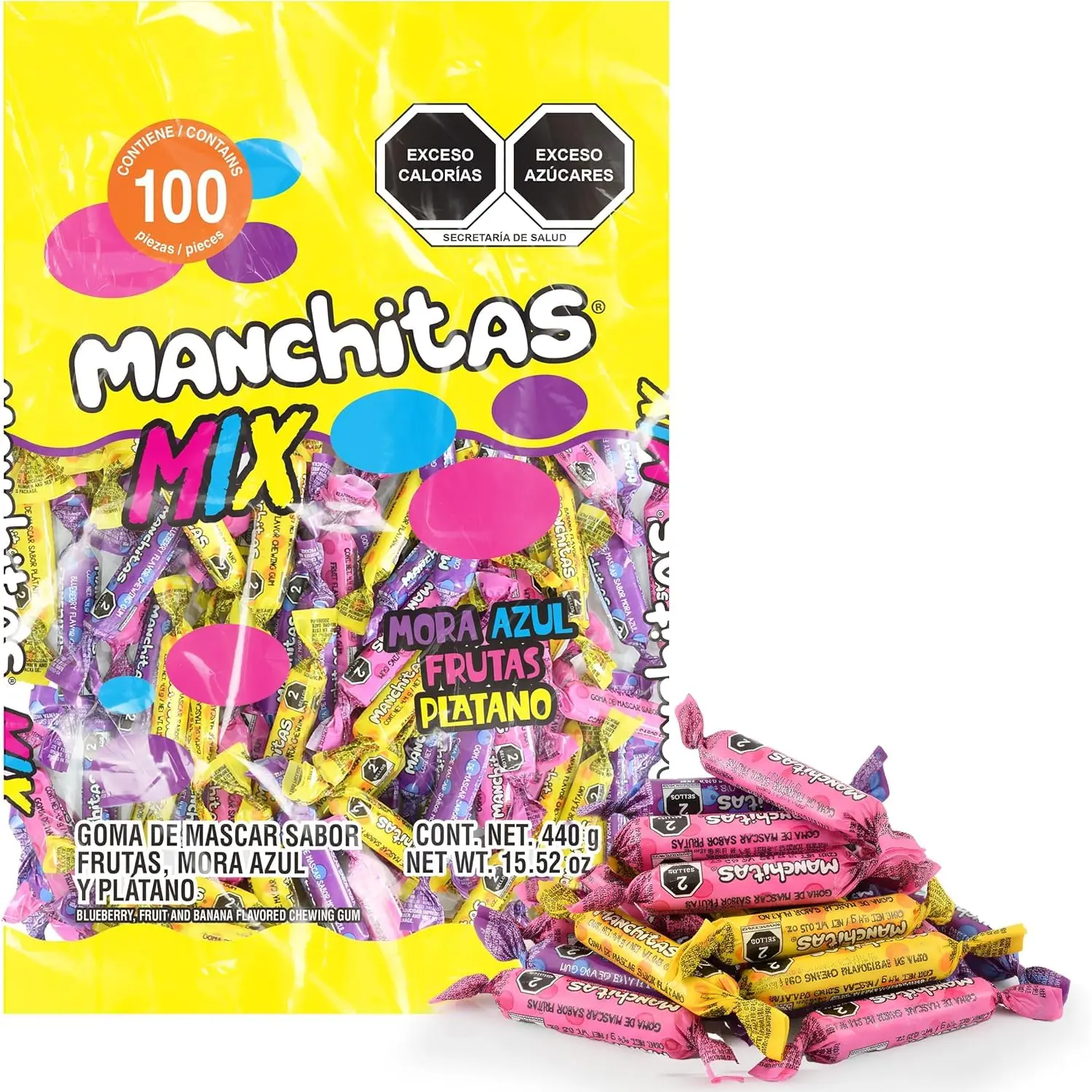 Manchitas Mix Chewing Gum Candy, Mexican Fruit Flavors (Blueberry, Fruit Punch & Banana), Individually Wrapped Bulk Pack, 100 Count (15.5 oz)