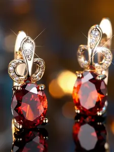 A pair of round stone earrings made of synthetic red zirconia are fashionable, elegant, retro and classic style earrings, suitable for women to wear during travel, wedding parties